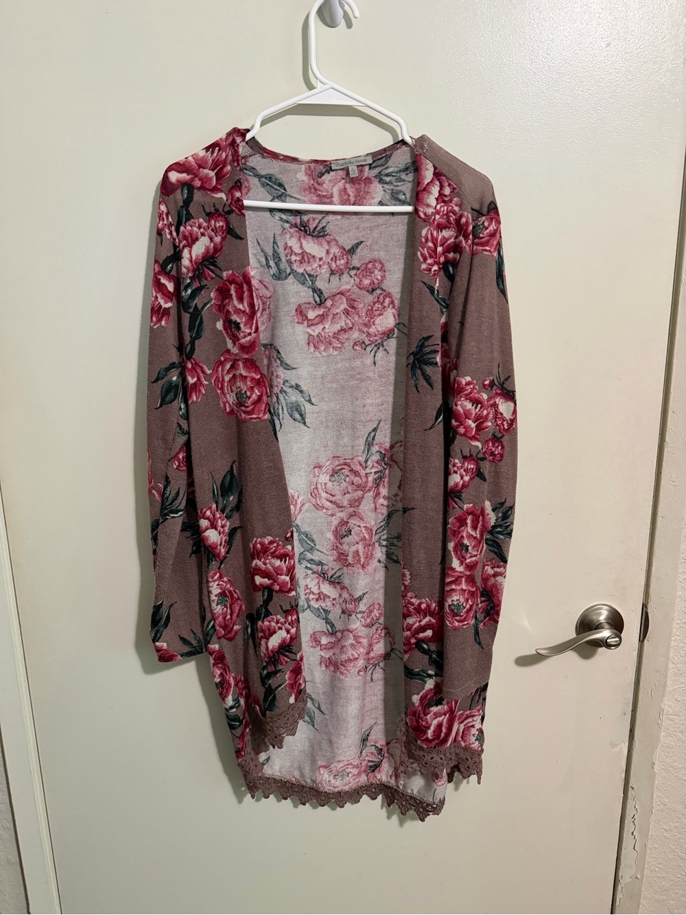Charlotte Russe Mauve Floral Open-Front Cardigan with Pink Roses